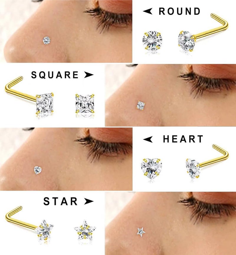 SEEDRILL 8Pcs 20G Nose Rings studs for Woman Hypoallergenic Nose Studs 316L Surgical Steel with Gold Plated Nose Piercings Jewelry 3mm CZ L Shape Nose Rings 20 Gauge Nose Stud Nose Screw Studs - Image 2